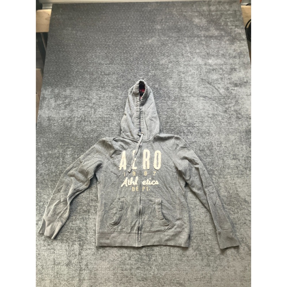 Aeropostale Hoodie Womens Large Gray Plaid Lined Athletics Dept Spell Out Zip Up